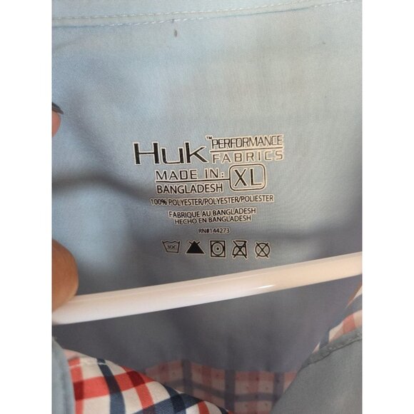 Huk Performance Fishing Shirt Mens XL Red Blue Plaid Short Sleeve Button Up - Picture 2 of 5